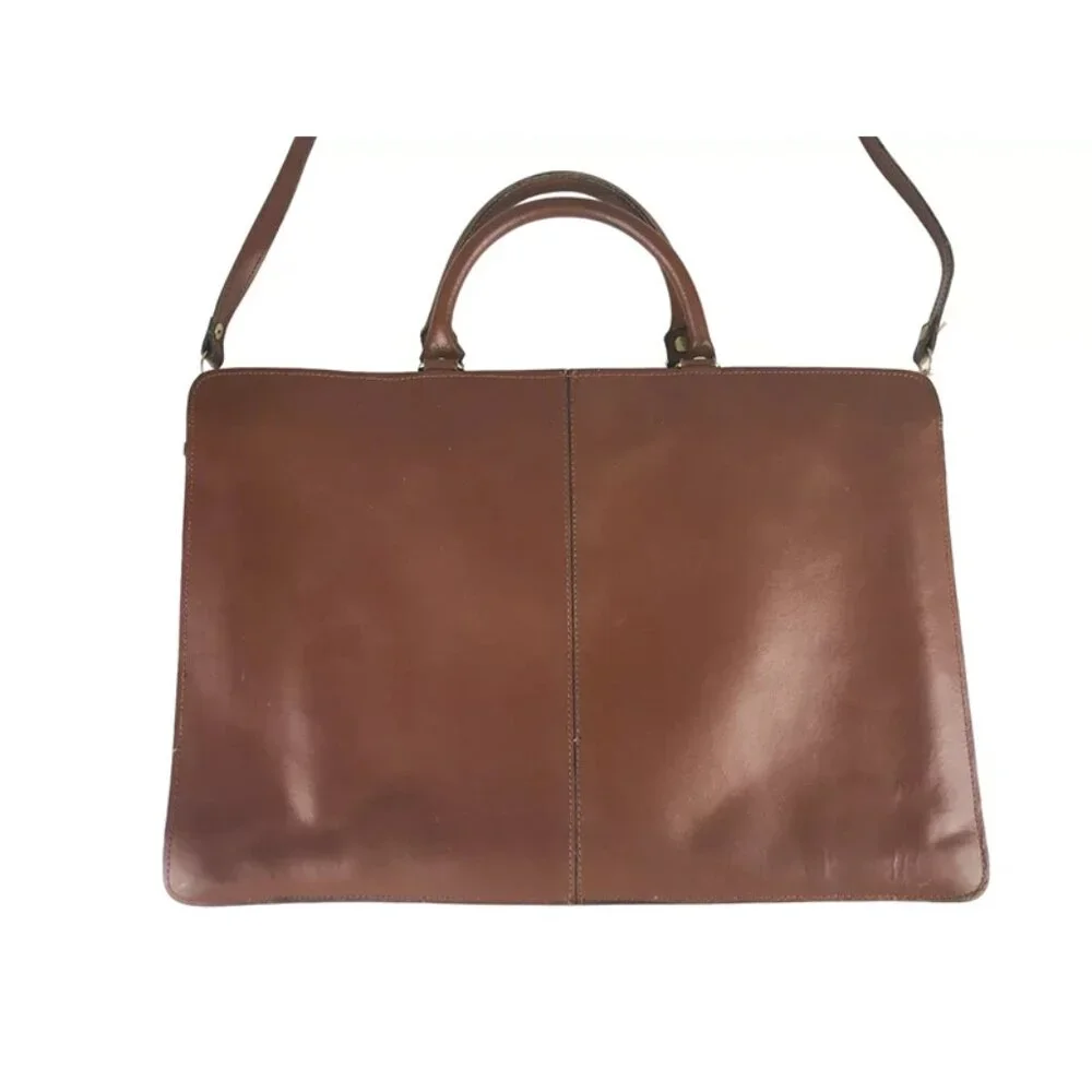 Unisex Brown Leather Pockets Dividers Detachable Strap‎ Double Handles Bag